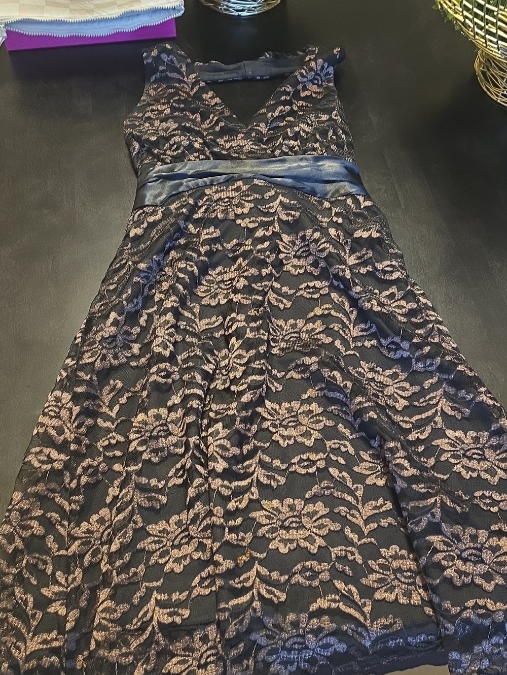 Black Lace A-Line Dress with Champagne Floral Overlay And Satin Bow